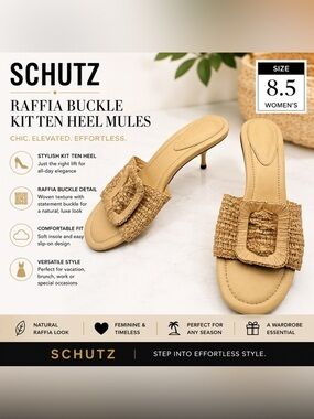 Schutz Raffia Buckle Kitten Heel Mules – Women’s Size 8.5